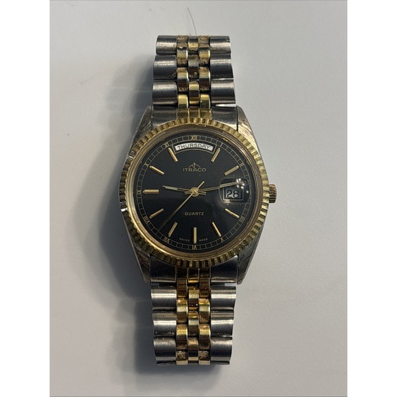 VTG Itraco Quartz Mens Gold/silver Tone Day/date Swiss Made New Battery‎ 3080